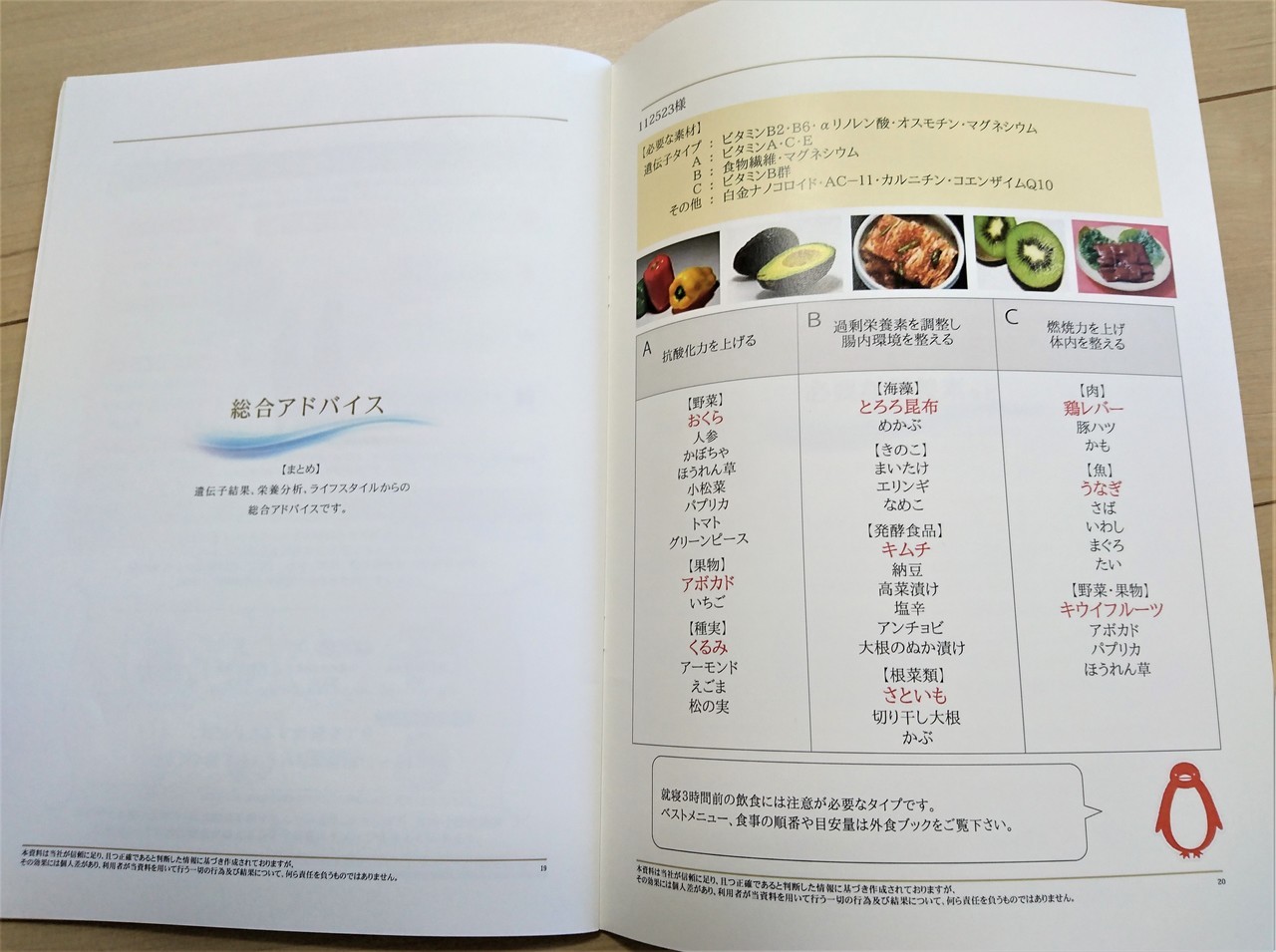 H＆BP遺伝子検査の検査結果書類（食事分析）の中身の写