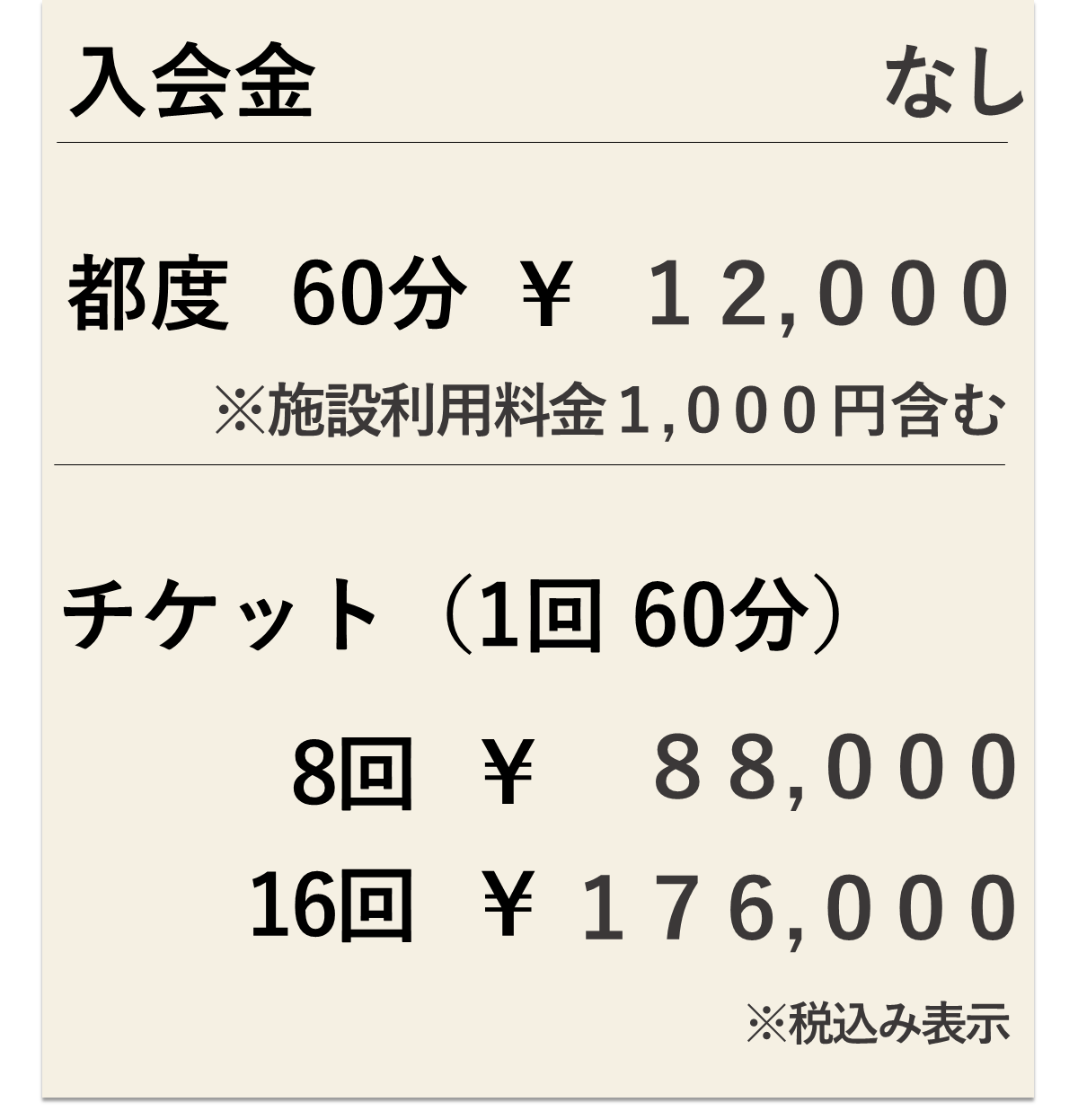 月島・勝どきのBIKIN女性の為のパーソナルトレーニング料金表
