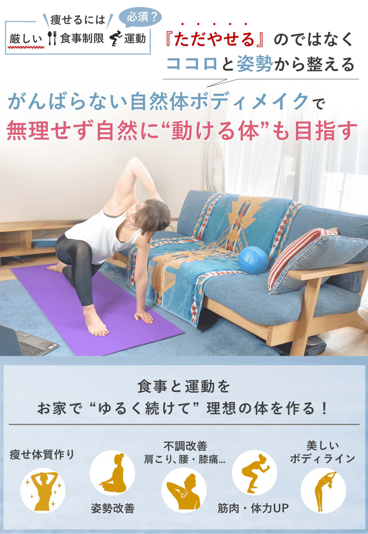 BIKIN女性向けオンラインパーソナルトレーニングジム。運動苦手、筋肉０、ズボラでもマインドと姿勢から改善しただ痩せるだけでなく若見えスタイルを作る！画像はオンラインパーソナルトレーニング指導を行う女性専門姿勢改善パーソナルトレーナー安沢と指導を受ける女性のお客様の様子。